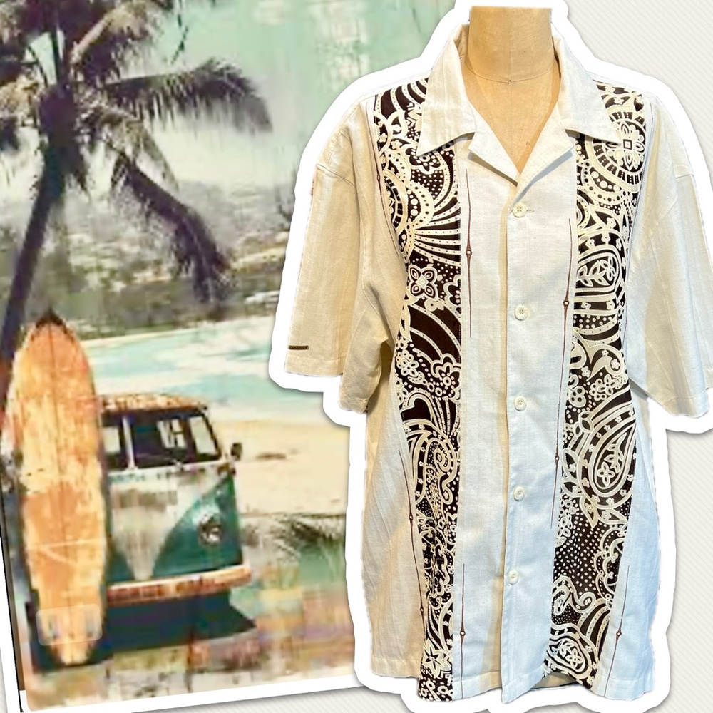 VINTAGE beachy surf button down shirt mens short sleeve linen feel global ethnic